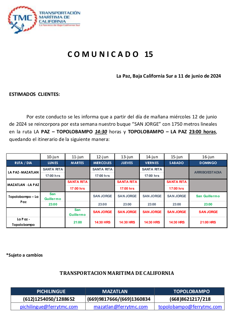 Itinerario de Ruta LPZ-TOPO de Transportación Marítima de California
